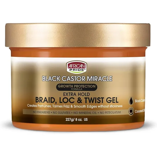 African Pride Black Castor Miracle Extra Hold Braid Loc & Twist Gel 227g