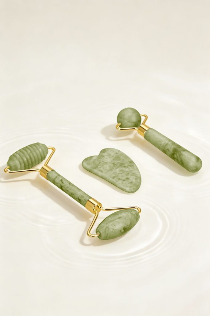 SHEONLY 3 Piece Portable Jade Facial Massage Set with Gua Sha & Jade Rollers in Green
